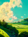 Green landscape with blue sky, ghibli studio, wide angle 
