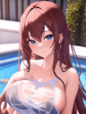 anime style, sexy beautiful girl standing in swimming pool, wearing wet white t-shirt